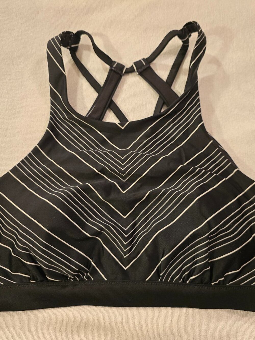 Athleta Chevron Stripe High Neck Bikini Swim Top 34 B/C Black White Strappy